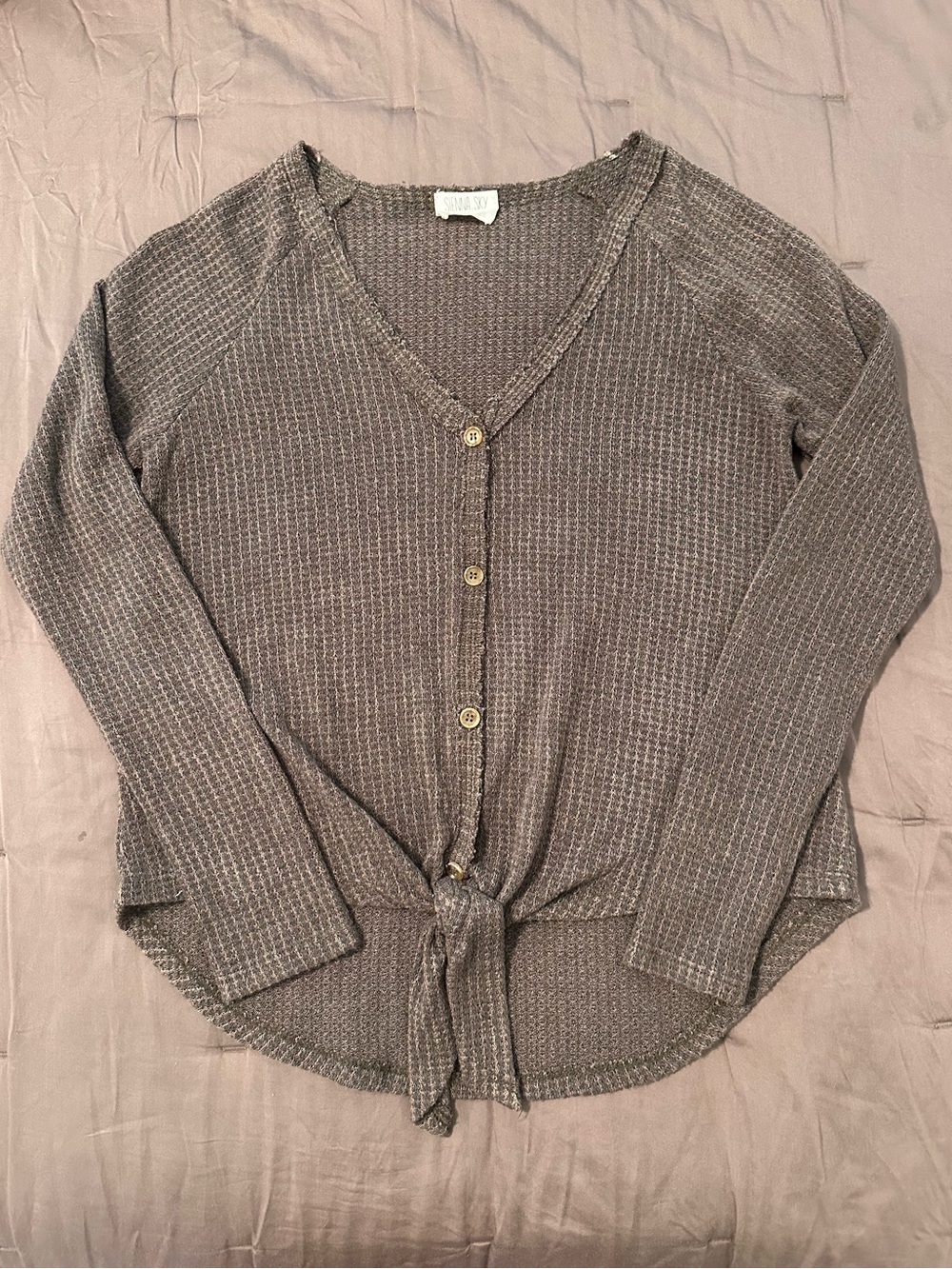 Sienna Sky Dark Green Waffle-Knit Button-Front Tie Hem Top